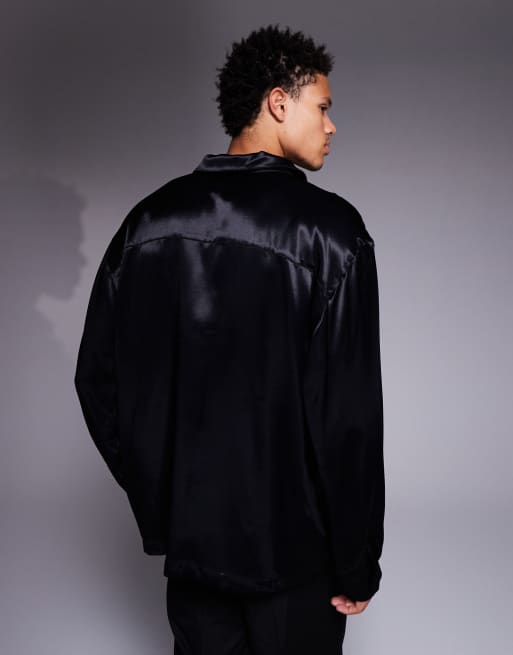 ASOS DESIGN oversized satin overhead shirt in black, 3 of 5