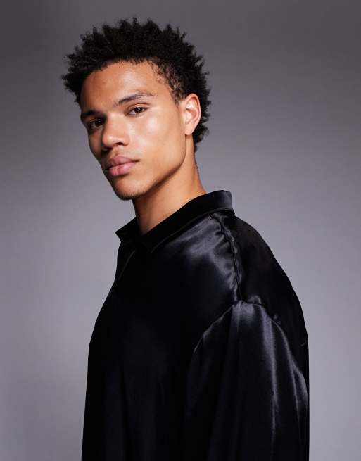 ASOS DESIGN oversized satin overhead shirt in black, 4 of 5