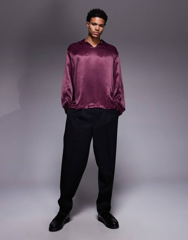 ASOS DESIGN oversized satin shirt in burgundy