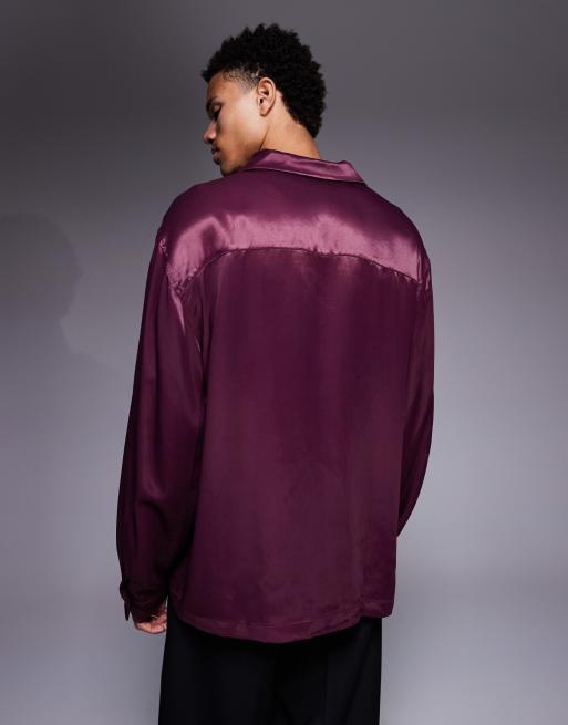 ASOS DESIGN oversized satin shirt in burgundy, 3 of 5