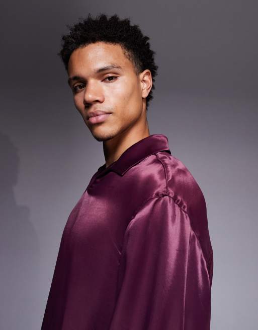 ASOS DESIGN oversized satin shirt in burgundy, 4 of 5