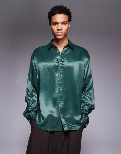 ASOS DESIGN oversized satin shirt in green - view 1
