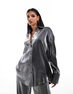 Asos Design Oversized Satin Shirt In Silver - Part Of A Set