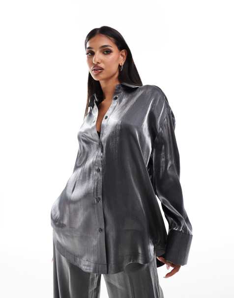 ASOS DESIGN oversized satin shirt in silver (part of a set) - view 1