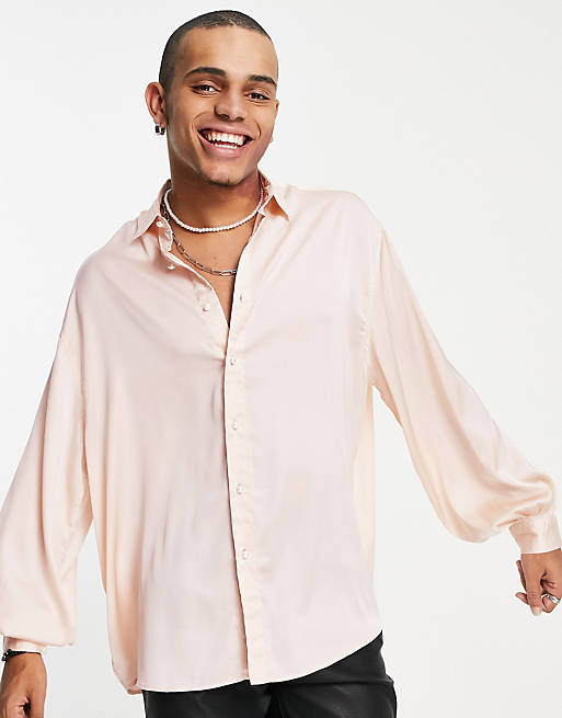 ASOS DESIGN oversized satin shirt with blouson sleeve in pink