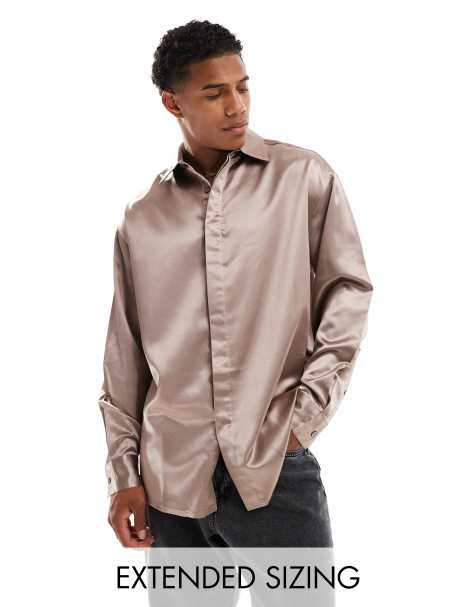 ASOS DESIGN oversized satin shirt with concealed buttons in stone - view 1