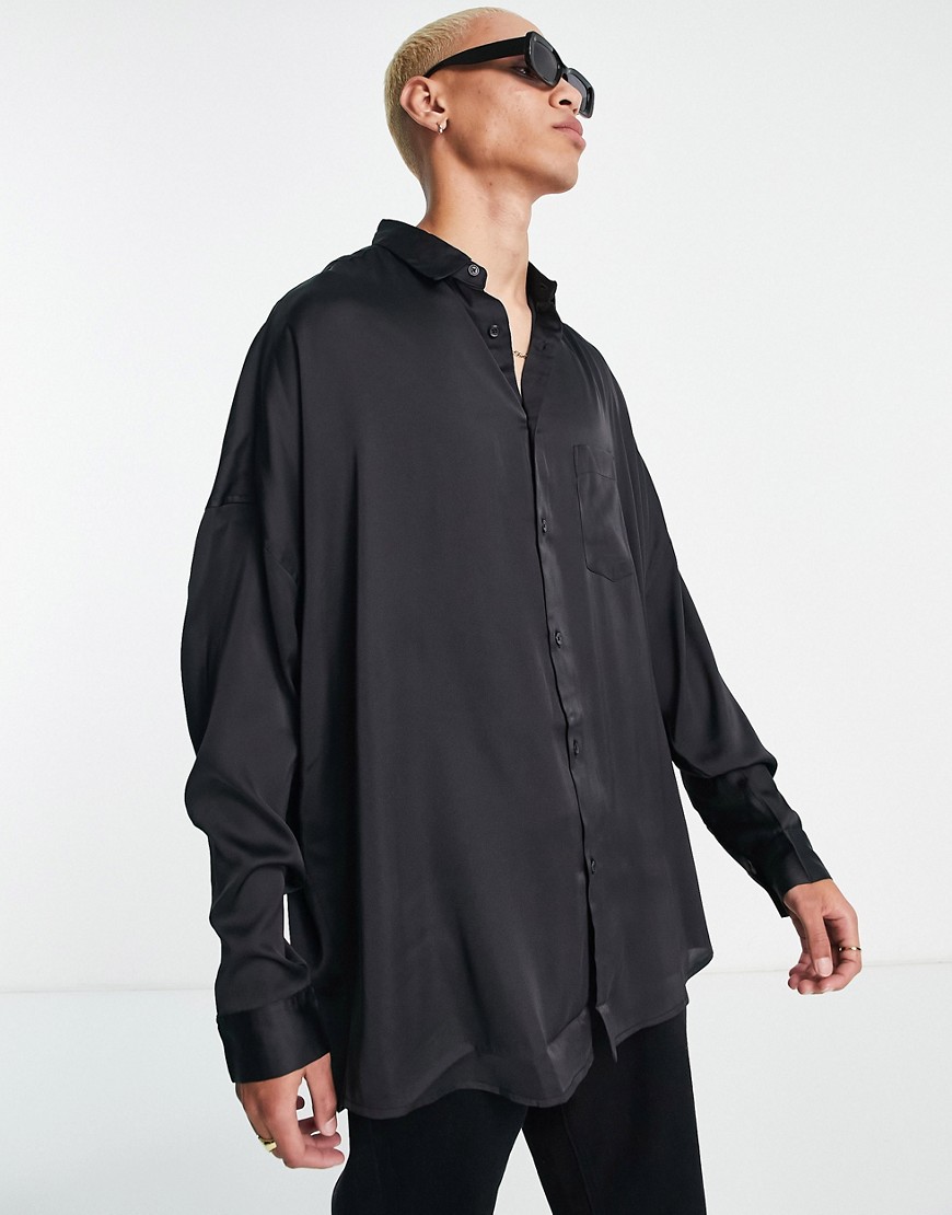 ASOS DESIGN oversized satin shirt with dip back hem in black