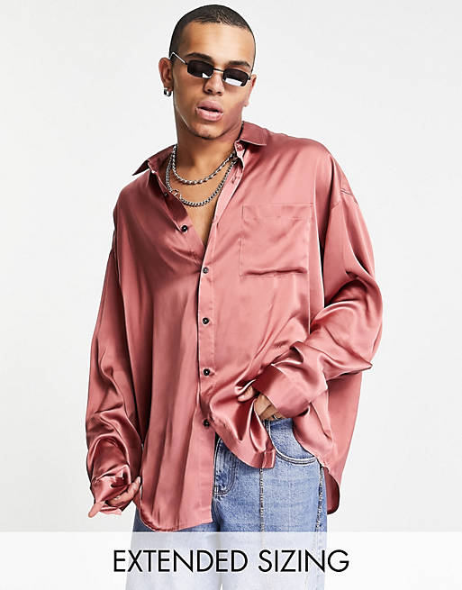 ASOS DESIGN oversized satin shirt with dip back hem in dusky pink