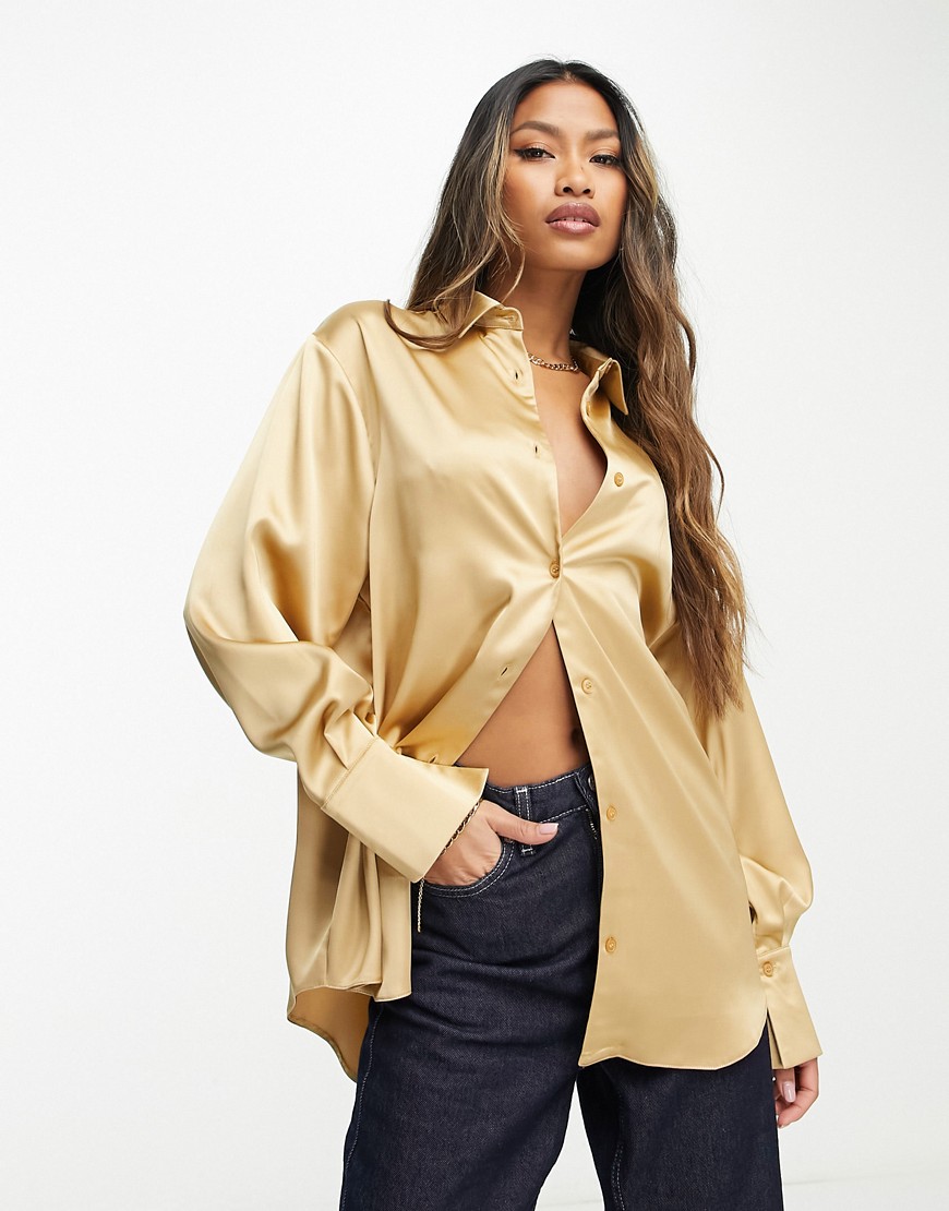 ASOS DESIGN oversized satin shirt with pleat cuff detail in caramel-Gold