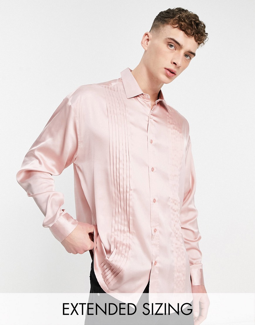 Asos Design Oversized Satin Shirt With Pleated Front In Pink In