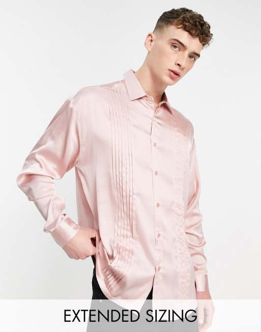 ASOS DESIGN oversized satin shirt with pleated front in pink in | ASOS