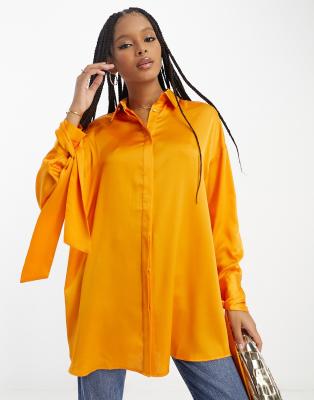 ASOS DESIGN oversized satin shirt with tie cuff detail in apricot orange