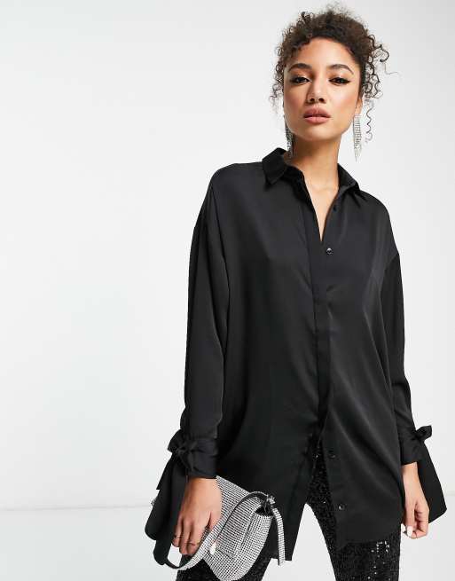 ASOS DESIGN oversized satin shirt with tie cuff detail in black