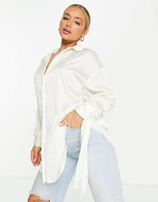 ASOS DESIGN oversized satin shirt with tie cuff detail in cream