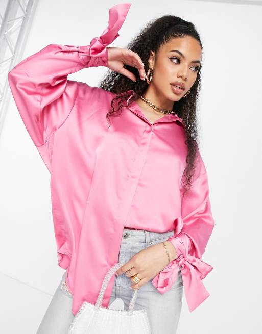 ASOS DESIGN oversized satin shirt with tie cuff detail in hot pink