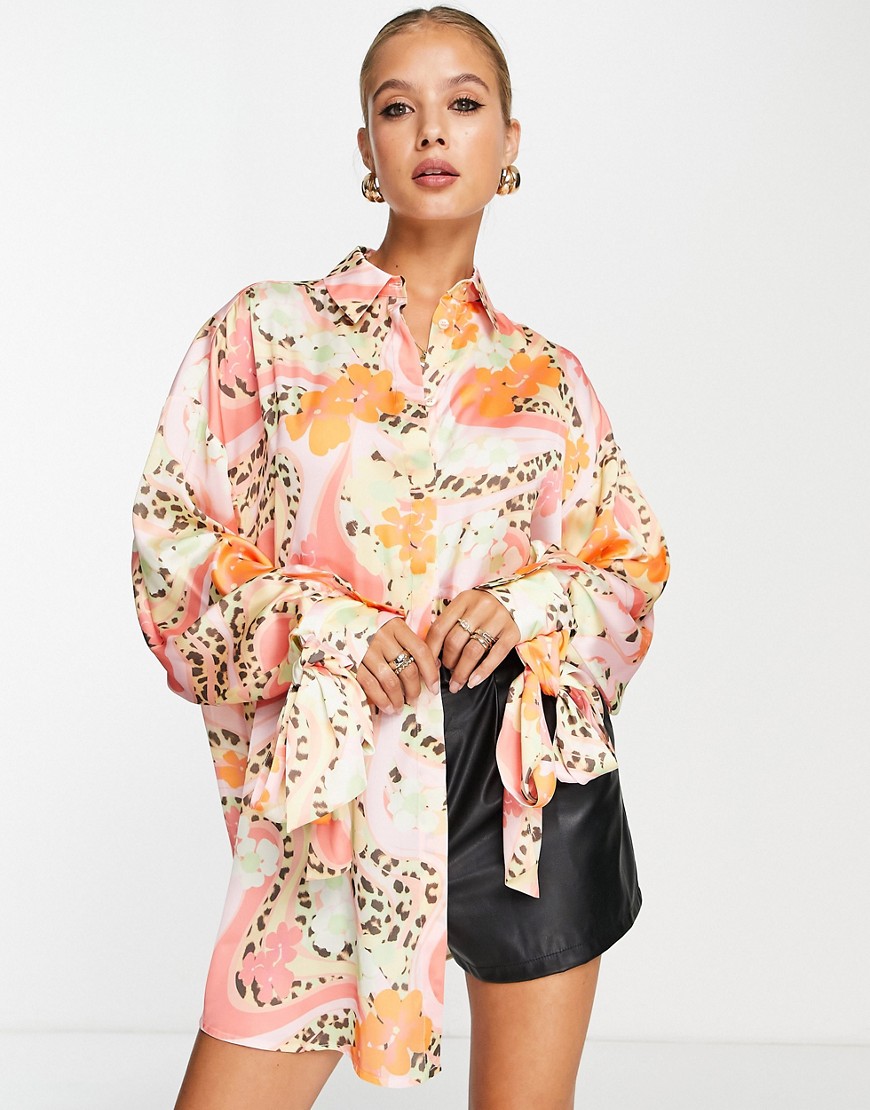 ASOS DESIGN oversized satin shirt with tie cuff detail in leopard & floral print-Multi