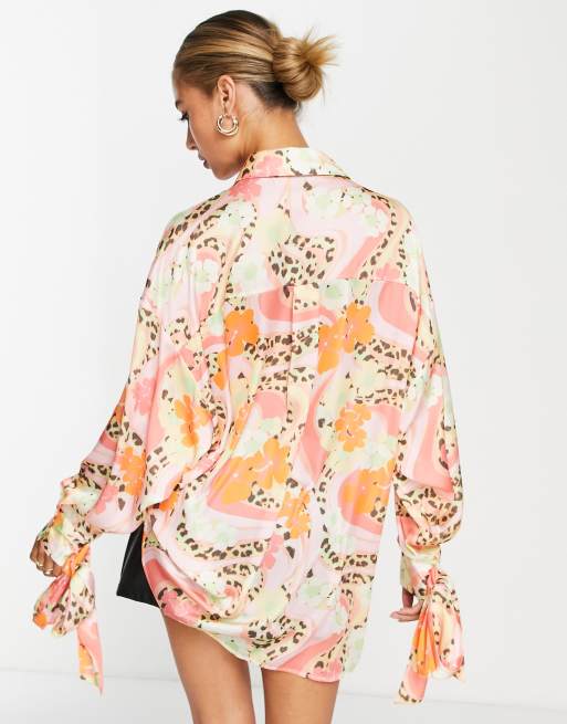 ASOS DESIGN oversized satin shirt with tie cuff detail in leopard & floral print, 4 of 4