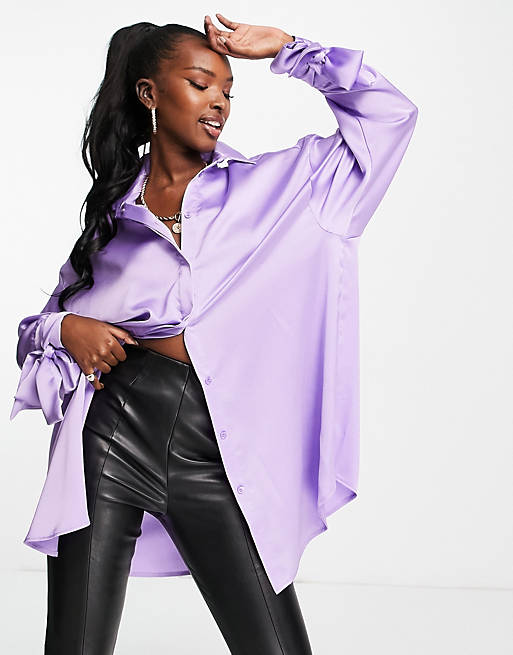 Tops Shirts & Blouses/oversized satin shirt with tie cuff detail in lilac 
