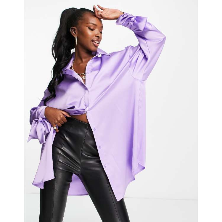 ASOS DESIGN oversized satin shirt with tie cuff detail in lilac | ASOS