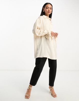ASOS DESIGN oversized satin shirt with tie cuff detail in oyster | ASOS