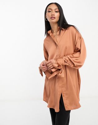 ASOS DESIGN oversized satin shirt with tie cuff detail in soft brown