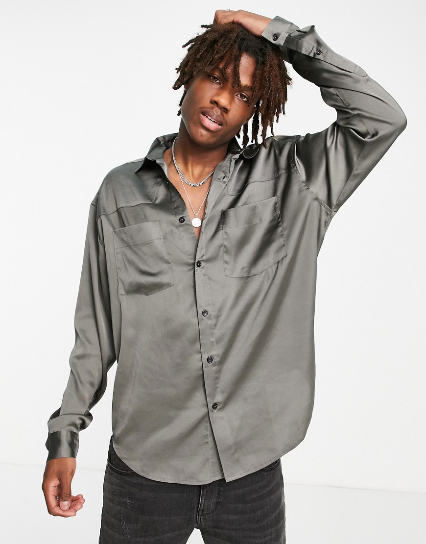 ASOS DESIGN oversized satin shirt with western detail in charcoal-Grey