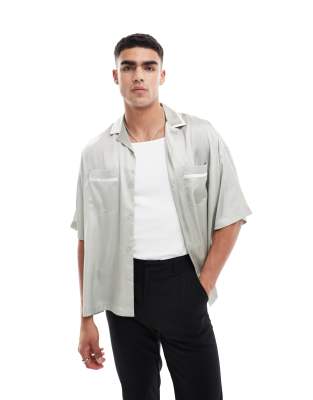 Asos Design Oversized Satin Shirt With White Piping Detail In Sage Green