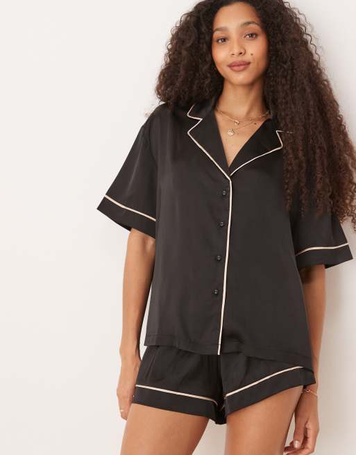 ASOS DESIGN oversized satin short sleeve shirt and shorts pajama set in black, 3 of 4