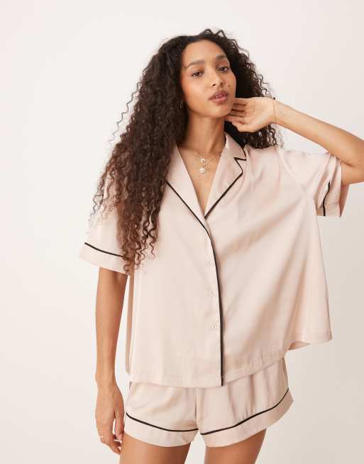 ASOS DESIGN oversized satin short sleeve shirt & short pyjama set in light pink