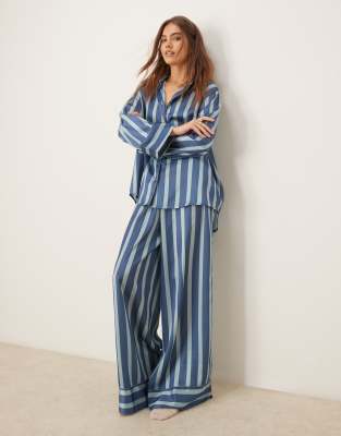 oversized satin stripe shirt and pants pajama set in blue stripe