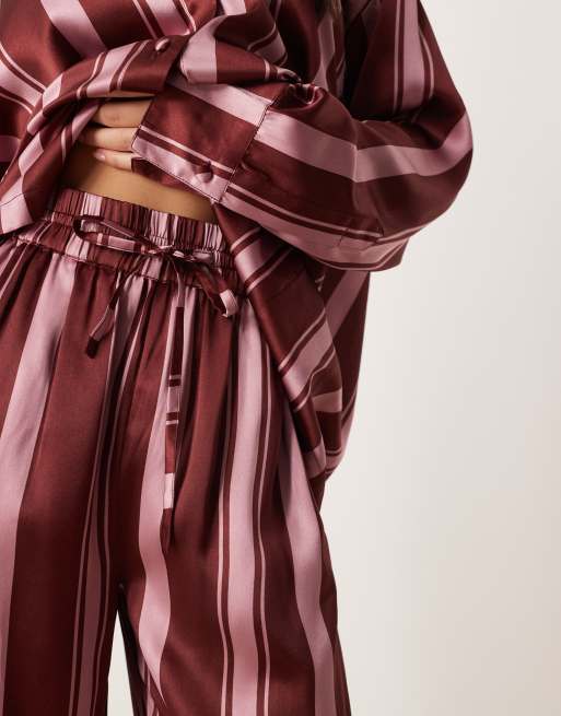 ASOS DESIGN oversized satin stripe shirt and pants pajama set in burgundy stripe