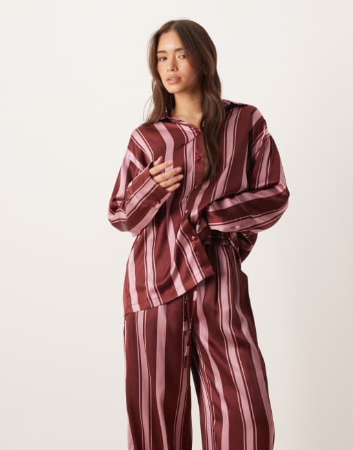 ASOS DESIGN oversized satin stripe shirt and pants pajama set in burgundy stripe