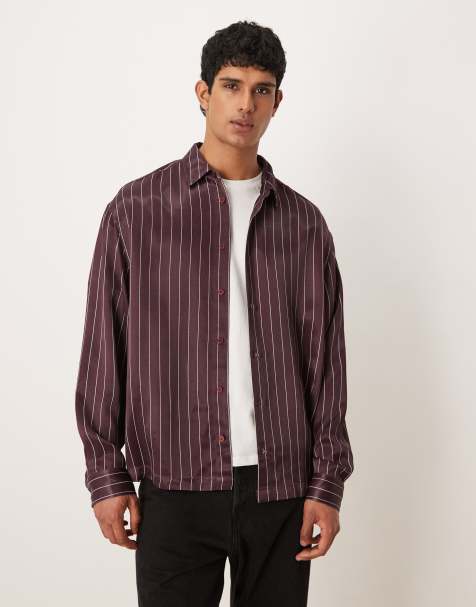 ASOS DESIGN oversized satin stripe shirt in burgundy - view 1