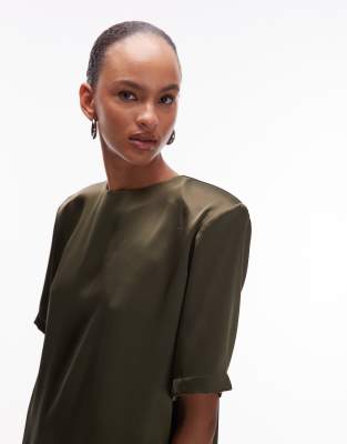 Asos Design Oversized Satin T-shirt With Shoulder Pads In Green