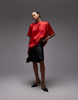Asos Design Oversized Satin T-shirt With Shoulder Pads In Red