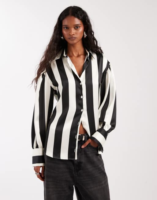 ASOS DESIGN - Oversized satinskjorte med sorte/hvide striber