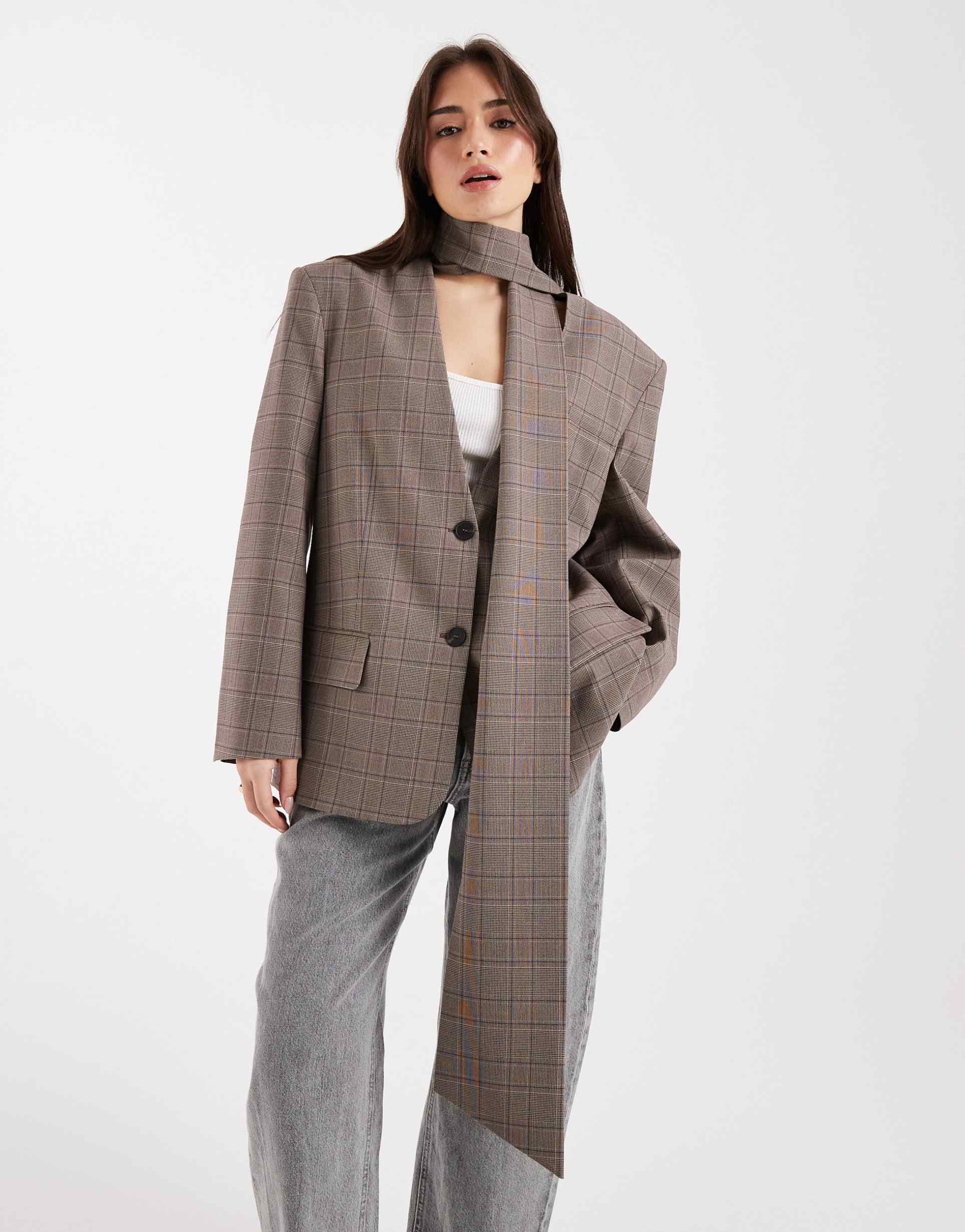 asos design oversized scarf blazer in brown