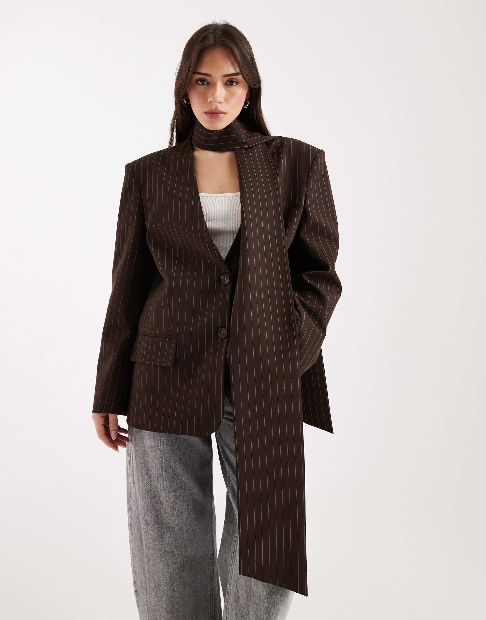 asos design oversized scarf blazer in chocolate-brown pinstripes