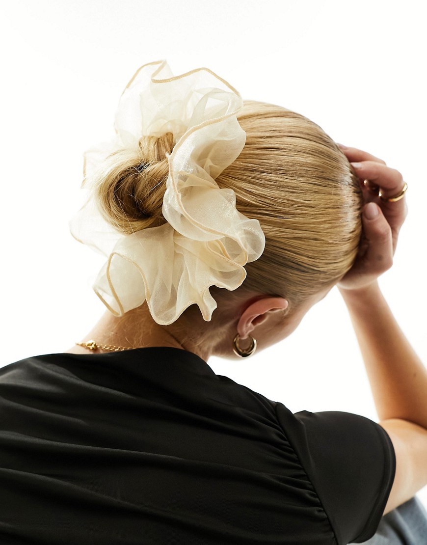 ASOS DESIGN oversized scrunchie with frill organza detail in cream-White