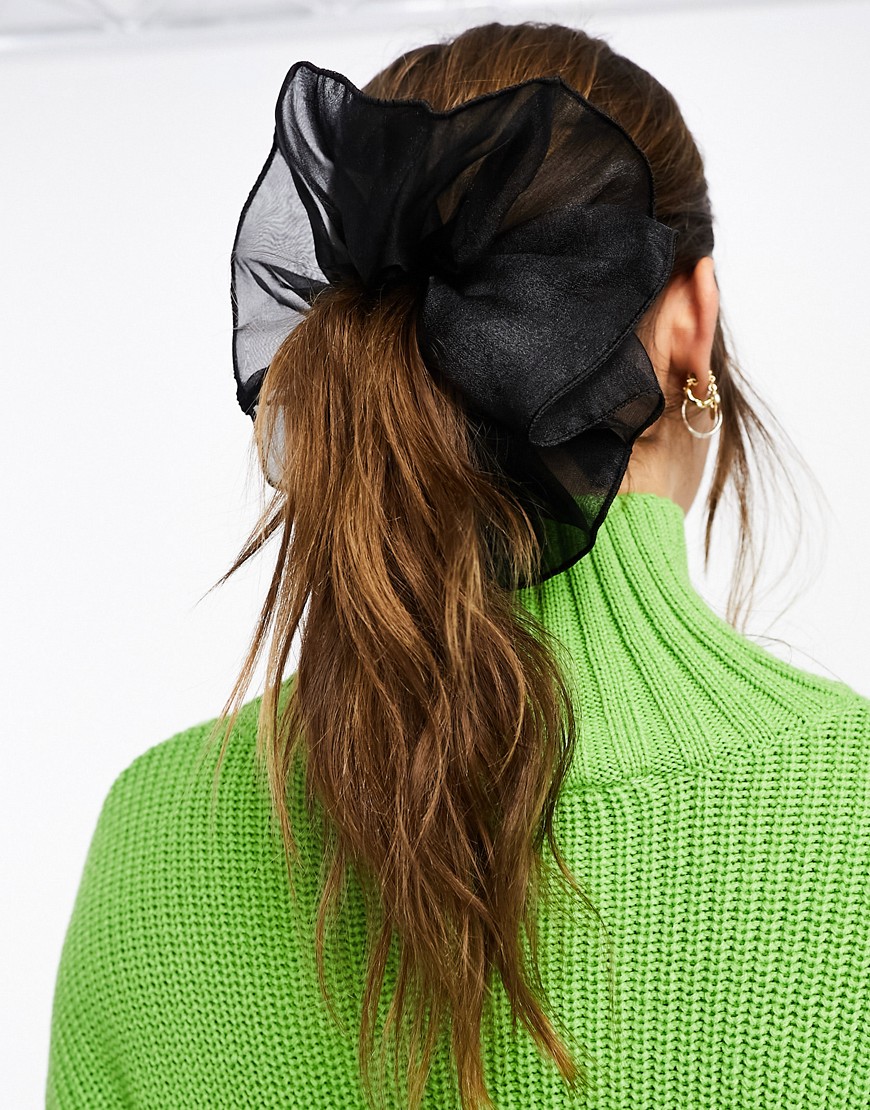 ASOS DESIGN oversized scrunchie with organza ruffle detail in black