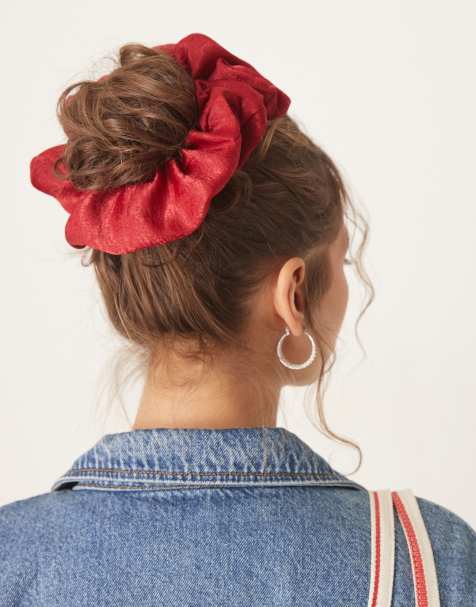 ASOS DESIGN oversized scrunchie with textured satin in red - view 1