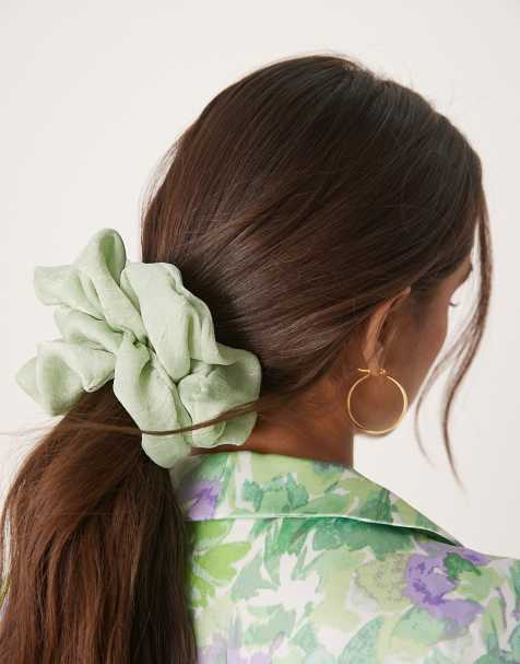 ASOS DESIGN oversized scrunchie with textured satin in sage - view 1