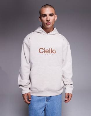 oversized scuba hoodie with chest print in heathered oatmeal-Neutral