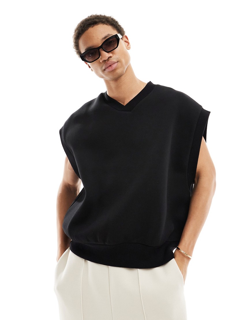 ASOS DESIGN oversized scuba sleeveless sweatshirt with v neck in black