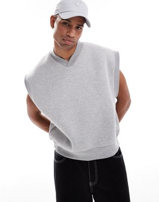 Asos Design Oversized Scuba Sleeveless V-neck Sweatshirt In Gray Heather