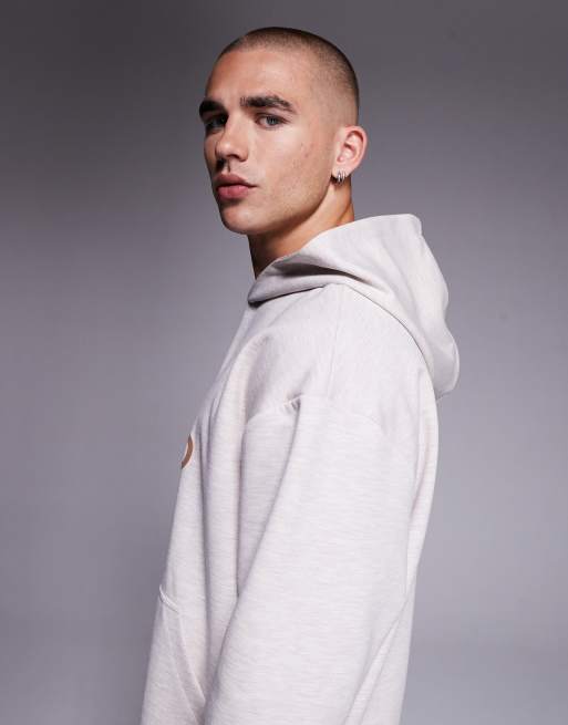 ASOS DESIGN oversized scuba-style fabric hoodie with chest print in oatmeal heather, 4 of 5