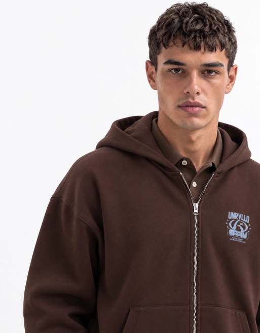 ASOS DESIGN oversized scuba-style fabric zip through hoodie with pigment print in brown, 7 of 9