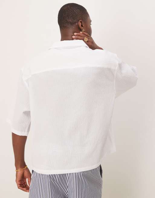 ASOS DESIGN - Oversized seersucker overhemd zonder sluiting met halflange mouwen in wit, 4 van 4