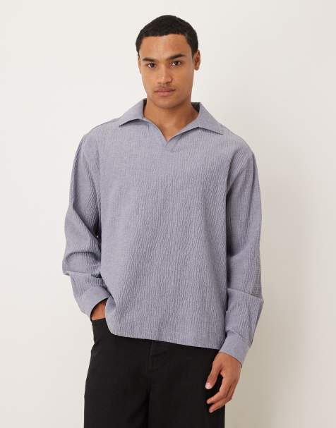 ASOS DESIGN oversized seersucker shirt with back neck embroidery in blue - view 1