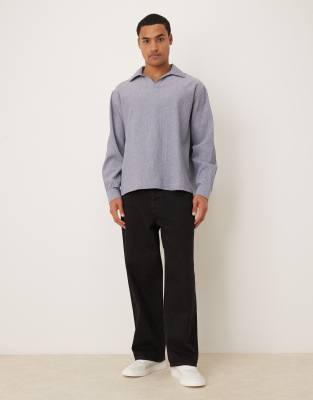 Asos Design Oversized Seersucker Shirt With Back Neck Embroidery In Gray